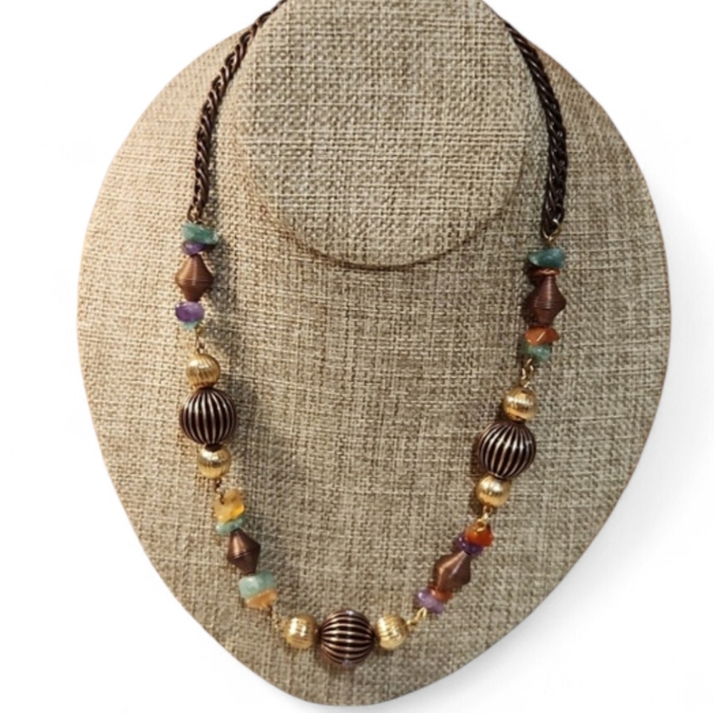 Vintage Boho Beaded Necklace Rustic Copper Tone Chain 18